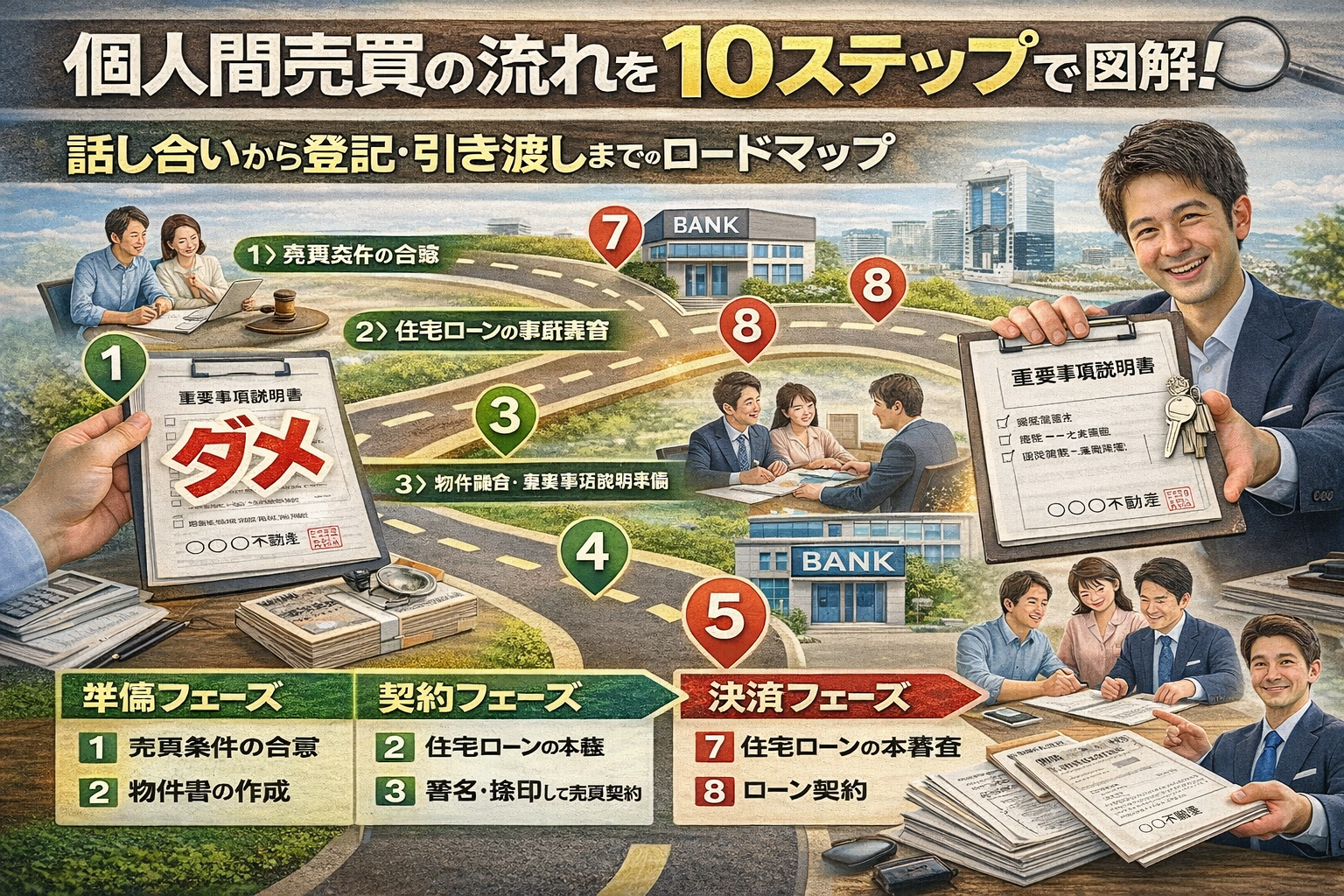 個人間売買の流れを10ステップで図解！話し合いから登記・引き渡しまでのロードマップ