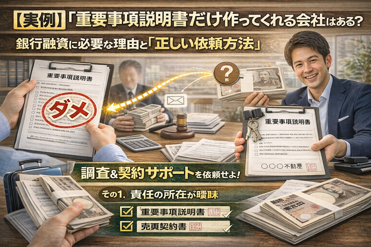 以下のブログ記事に最適なサムネ画像を写真画像で作成をお願いします。 ブログ記事 タイトル：重要事項説明書だけ作ってくれる会社はある？銀行融資に必要な理由と「正しい依頼方法」 「知人間で売買の話はまとまっている。銀行に行ったら『重要事項説明書（重説）を持ってきて』と言われた」 「契約書は自分たちで作れるから、重説だけ作ってくれる不動産会社はないか？」 個人間売買において、このようなお問い合わせを頻繁にいただきます。 仲介手数料を節約したいお客様にとって、「必要な書類だけピンポイントで頼みたい」と考えるのは当然のことです。 しかし、結論から申し上げます。 「重要事項説明書だけ」を作成する不動産会社は、弊社を含めて世の中に存在しません。 なぜ、書類一枚だけの作成依頼を受けてもらえないのか？ そこには、不動産業界の法律と、銀行がその書類を求める「本当の理由」が深く関わっています。今回はその裏事情を包み隠さず解説します。 【Q&A】なぜ「重説のみ」の作成はできないの？ Q1：書類を作るだけなのに、なぜ断られるのですか？ A1：重説は「ただの書類」ではなく、「責任の保証書」だからです。 重要事項説明書とは、宅地建物取引士が物件を徹底的に調査し、「この物件は法的に安全です」「こういうリスクがあります」と責任を持って説明するものです。 もし内容に誤りがあれば、業者は業務停止処分や損害賠償請求を受けます。「契約には関与しないけれど、重説（責任）だけ負ってください」という依頼は、リスクが大きすぎてどの会社も受けられないのです。 Q2：では、どうすれば銀行に提出する書類を作ってもらえますか？ A2：「契約サポート（個人売買サポート）」として依頼する必要があります。 重説は必ず「売買契約書」とセットで機能します。 「物件調査」＋「重要事項説明書の作成」＋「売買契約書の作成」。これらをパッケージにした取引支援サービス（仲介業務の一部）として依頼することで初めて、不動産会社は業務を引き受けることができます。 Q3：銀行はなぜ、そこまでして重説を欲しがるのですか？ A3：銀行自身が「物件のリスク」を見抜けないからです。 銀行員はお金のプロですが、不動産の法律のプロではありません。「建築基準法に違反していないか」「権利関係にトラブルの種はないか」。これらをプロ（宅建業者）に調査させ、「万が一の時は、この不動産会社が責任を負います」という担保を取るために、重説の提出を融資条件にしているのです。 「重説だけ」を探してはいけない2つの理由 ネットで「重要事項説明書 作成のみ」と検索して業者を探そうとするのは、実は遠回りな上に危険です。 1. 責任の所在が曖昧になる 仮に、闇バイトのような形で「書類だけ作ります」という業者がいたとしても、絶対に利用してはいけません。 現地調査もせずに作られた重説には何の意味もありません。銀行は「形式的な紙」が欲しいのではなく、「適正な調査に基づく責任」を求めています。実体のない書類では、融資審査の過程でバレて否決されるか、最悪の場合、詐欺未遂として信用情報に傷がつきます。 2. 結局、契約書との整合性が取れなくなる 「契約書は自分たちで作ったので、重説だけプロに」というパターンも不可能です。 重説の内容（法令制限やインフラ状況など）は、必ず売買契約書の特約事項に反映させなければなりません。バラバラに作成すると内容に矛盾が生じ、法的な効力を失ってしまいます。 解決策：「個人間売買サポート」を利用する 「じゃあ、やっぱり高い仲介手数料（3%＋6万円）を払って、普通の仲介を頼むしかないの？」 いいえ、そうではありません。 通常の仲介手数料が高いのは、「物件の広告宣伝費」や「買主を探す営業コスト」が含まれているからです。 直接売買サポートセンターでは、相手が決まっている方のために、「調査・重説・契約書作成」に特化したサポートを提供しています。 無駄なコストをカット： 買い手探しの営業を行わないため、仲介手数料よりも圧倒的に安い費用で対応します。 銀行も納得のクオリティ： 宅建士が現地調査・役所調査を行い、正規の重要事項説明書と売買契約書をセットで作成します。 責任の明確化： 私たちが作成した書類には、弊社の記名・押印が入ります。これにより、銀行に対して「プロが責任を持つ取引である」と証明できます。 あわせて読みたい関連記事 個人間売買で銀行ローンを通すための条件は、書類だけではありません。 ▼銀行が求めている「必須条件」とは？ 個人間売買でも住宅ローンは組める？審査を通すための必須条件 ▼自分たちで作った契約書がダメな理由 不動産の個人間売買、自分でやるのは危険？専門家が教える3つのリスク まとめ：「紙」ではなく「安心」をご依頼ください 「重要事項説明書だけ欲しい」というお客様の本音は、「無駄な手数料を払いたくない」ということだと思います。そのお気持ちは痛いほど分かります。 しかし、不動産取引において「安心と責任」だけは削ってはいけないコストです。 弊社を含め、まともな不動産会社であれば「重説のみ」の作成はお断りしています。それは意地悪ではなく、お客様と銀行に対して責任を持てない仕事はできないという、プロとしての矜持（きょうじ）です。 「銀行に書類を持ってきてと言われたけれど、どう頼めばいいか分からない」 そんな時は、「個人売買の契約サポートをお願いしたい」とご相談ください。それが、融資承認への最短ルートです。